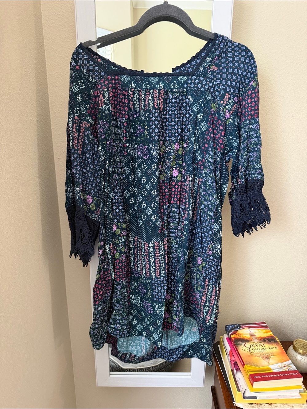 Easel Navy Floral Patchwork Crochet-Sleeve Tunic Dress High / Low New